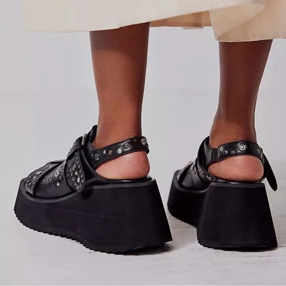 FREE PEOPLE Ace Studded Wedges / Black Leather - Picture 5 of 16